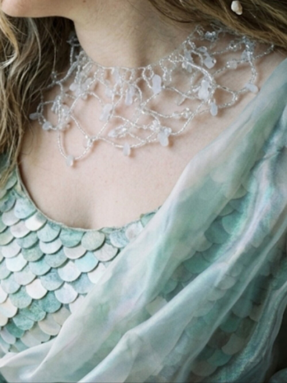 ​🧚‍♂️Vintage Hand Beaded Fairycore Mesh Net Collar Gossamer Dewdrop Necklace